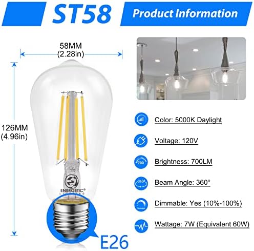 ENERGETIC Lighting ST18 Lâmpadas de filamento de LED não imensíveis, alto brilho, 7W, 60 watts equivalente, ST58, frio 4000k branco, 700lm, vidro transparente clássico, 4 pacote de 4