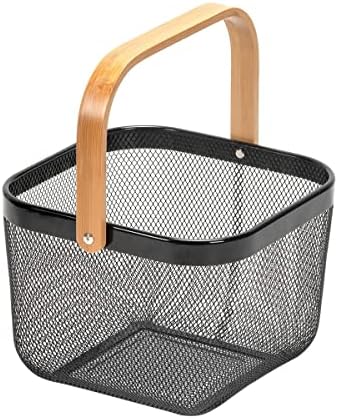 Ymeibe Mesh aço de aço organizador de cesta de cesta de frutas Bin com alça de madeira ideal para armários de despensa de piquenique para banheiro de cozinha decoração de casa decoração