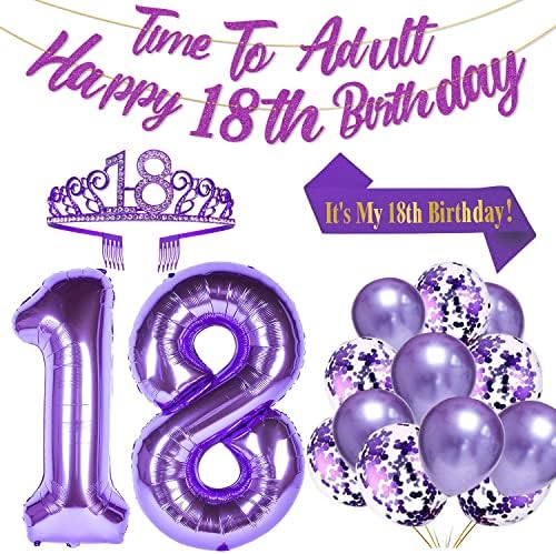 Purple18th Birthday Decorations for Girls Purple 18th Birthday Banner 40 polegadas no. 18 balões roxos balões de confete roxo 18º conjunto