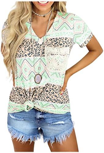 Tamas de manga curta nxxyeel para mulheres estampas geométricas v pescoço túnica leopardo casual camisas soltas de verão com bolso com bolso