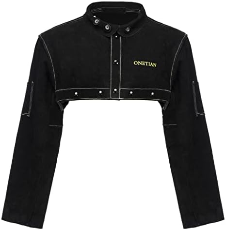 Jaqueta de soldagem de couro de caba -gabra onetiana, casaco de manga de capa, preto; Botões de Snap aprimorados, soldagem