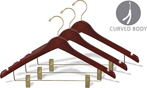 A Great American Hanger Company Curved Wood Combo Hanger com clipes de almofada ajustável, caixa de cabides de madeira de 50 polegadas com acabamento de nogueira e gancho giratório de latão e entalhes para jaqueta ou vestido de camisa ou vestido