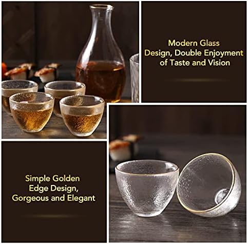 Dujust Japanese Sake Conjunto para 4, padrão de martelo de vidro em acabamento dourado, 1 garrafa de saquê de saquê Cyrstal, 1 tanque de saquê e 4 xícaras de saquê, faca/quente/quente cafe