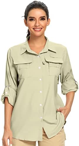 Camisa de Safari de proteção solar UV de 50+ UV feminina, manga longa, camisetas de jardinagem de pesca rápida e seca de manga longa, camisas de jardinagem