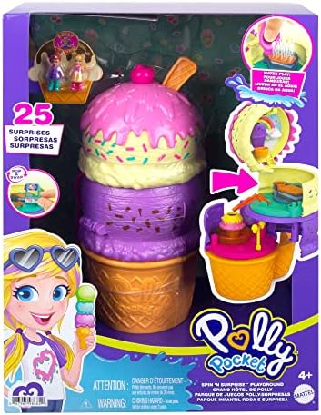 POLLY POCKET 2-em-1 Playset de brinquedos de viagem, Spin 'n Surprise Sce Cream Cone com Micro Polly & Lila Dolls e 25 acessórios
