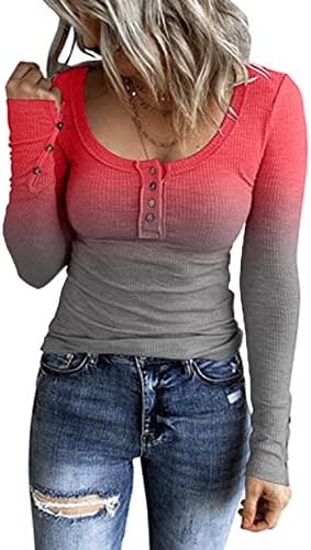 Camisas de manga comprida para mulheres femininas esticadas com nervuras Henley tops casuais blush de túnica de túnica