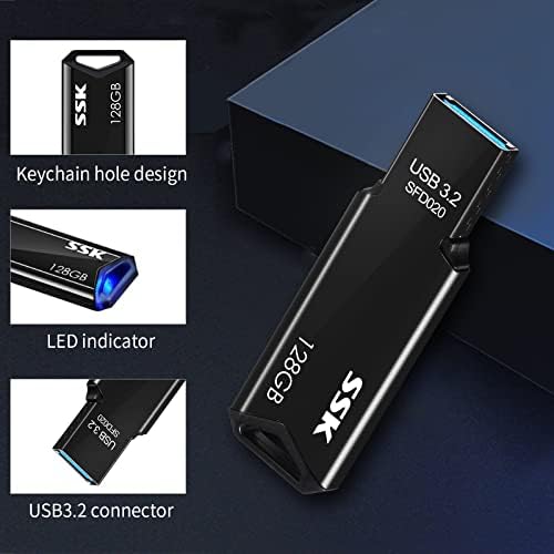 SSK 128GB USB Flash Drive Memory Stick, USB 3.2 Drive de polegar de alta velocidade com indicador de LED, salto impermeável de metal Pendrive com design de chaveiro para armazenamento e backup