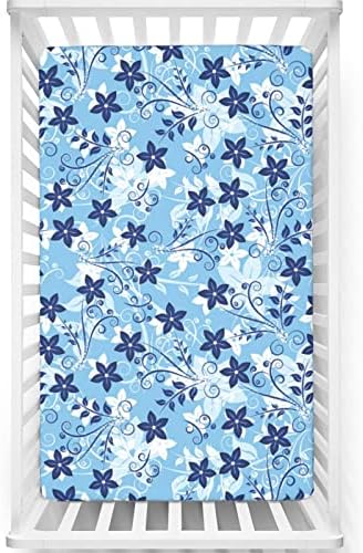 Mini-berço com tema azul lençóis, lençóis de mini berço portáteis Criança de colchão de criança macia para meninas meninas, 24 “x38“, azul branco do céu Branco azul