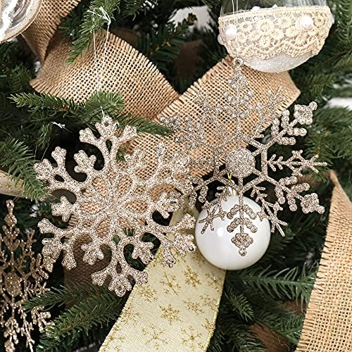 Isulife 36pcs 4,7 Champagne Glitter Glitter Snowflake Ornamentos com cordas penduradas para decorações de árvores de Natal, guirlanda,