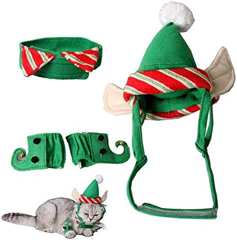 Pendurar decorações de natal de gato chapéu- ​​fantasia de natal de cachorro gato, roupas de natal com elfo verde, roupa fofa para pequeno animal de estimação （3pcs）
