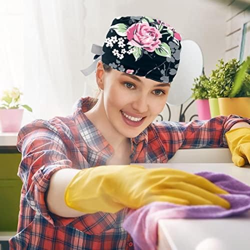 2pcs enfermeira limpar tampas para mulheres cabelos longos, plantas de flores bonitos de trabalho ajustáveis ​​com botão e banda de
