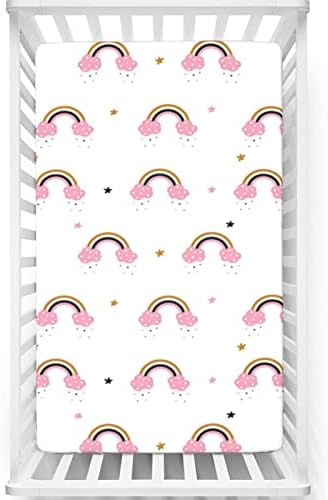 Folha de berço com tema do arco-íris, lençóis de colchão de berço padrão, lençóis de cama macios e respiráveis ​​para meninos ou garotas ou berçário, 28 “x52”, rosa pálido branco