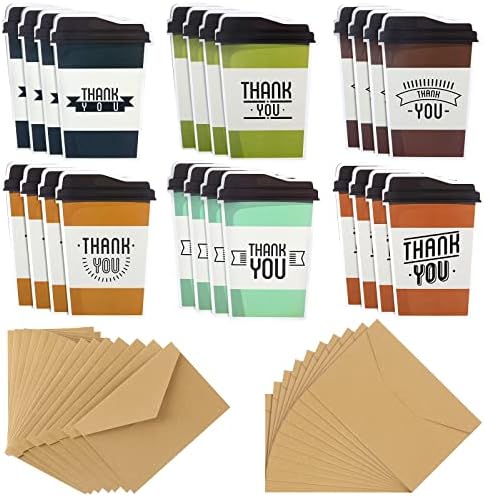24 Pacote de agradecimento, xícaras de café notas de agradecimento com envelopes de café Cartões engraçados em branco Cartões
