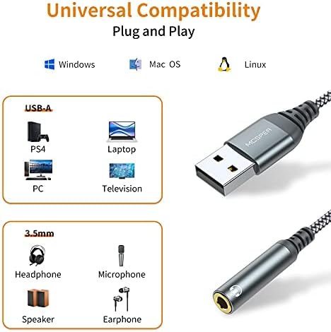 Adaptador de áudio USB a 3,5 mm Jack, placa de som externa USB-A para Audio Jack Adapter com Aux Sleeo Converter compatível com fone de ouvido, Windows para PC, laptop Mac, desktops, Linux, PS4 e mais dispositivo