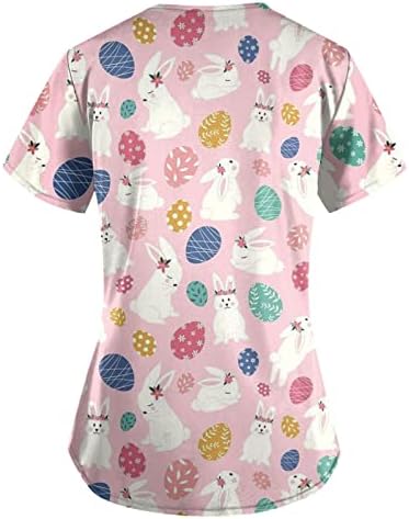 Scrub feminino Tops Tops de páscoa uniforme de camiseta ovos de coelhinho de coelhinho impresso de manga curta bolso de bolso em