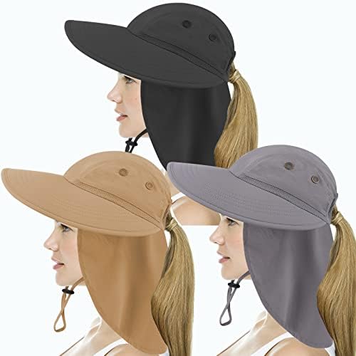 3pcs chapéu de sol com retalho no pescoço para mulheres - chapéus de sol amplo abrangente para mulheres proteção UV - chapéu de pesca dobrável para mulheres rabo de cavalo - chapéu de sol com rabo de cavalo para a tribo ao ar livre