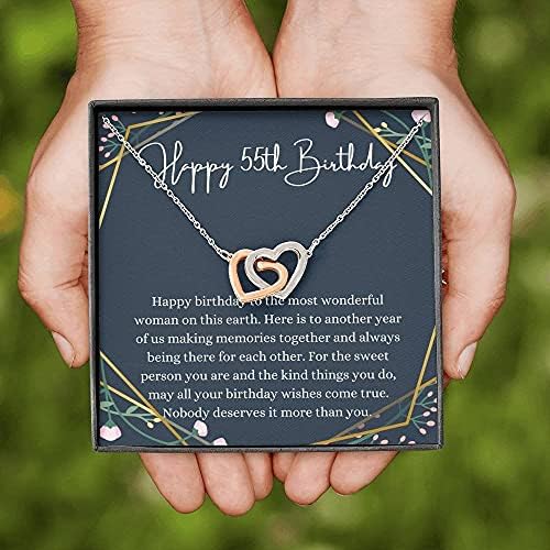 Jóias de cartão de mensagem, colar artesanal- Presente personalizado corações entrelaçados, 55 anos para seu presente, 55º aniversário para ela, cinquenta quinto aniversário para mulheres amigas, 55 anos