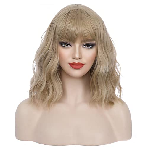 Beron 27 polegadas loira peruca longa peruca ondulada peruca loira com franja para mulheres loira de ouro peruca sintética com tampa de peruca