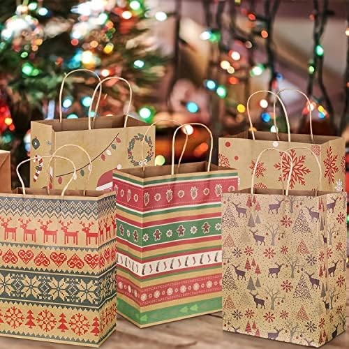Decorações de Natal, sacolas de presente de Natal médias 24 contagem de estilos de estilos variados sacos de papel de natal com alças sacolas de natal com estampas de natal para presentes de natal de natal