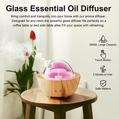 Base de grãos de madeira difusor de óleo essencial de vidro, 280 ml de aromaterapia umidificador de névoa legal, luz LED em 7 cores