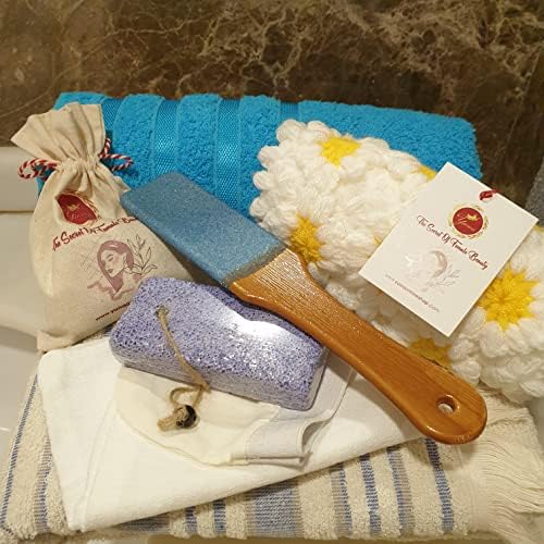 Yuna Genuine Turkish Hammam Tradicional Conjunto de Banho, 7 peças, toalhas de algodão, fibra de banho, esfoliação de seda facial, esfoliação corporal, pedra -pomes de pé, calçada de pé, azul