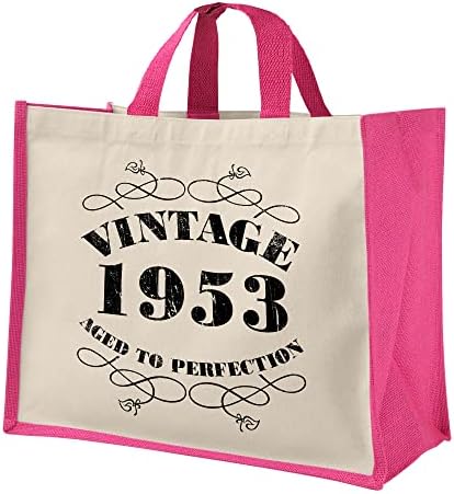 Presentes de sacola de 70 anos para mulheres - Bolsas de ombro de juta de algodão reutilizáveis ​​para compras - Vintage 1953 - Fuchsia -l