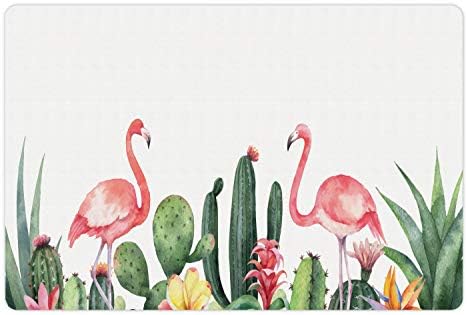 Flamingo Lunarable tapete de estimação para alimentos e água, pintura em aquarela de suculentas tropicais cactos e pássaros, retângulo de borracha sem deslizamento para cães e gatos, coral reseda verde e samambaia verde