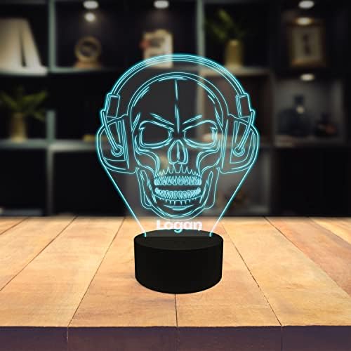 Lâmpada de mesa LED personalizável da música de Ambesonne, crânio com fones de ouvido ouvindo o rosto raivoso, efeito de vidro de acrílico 3D com USB e bateria, alteração de cor, alteração da cor da noite da noite