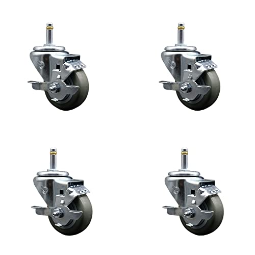 Conjunto de giro de giro giratório de poliuretano Conjunto de lançadores de 4 w/3 x 1,25 rodas cinza e hastes de 7/16 - inclui 4 com freios de travamento superior - 1200 lbs Capacidade total - Marca de lançador de serviço