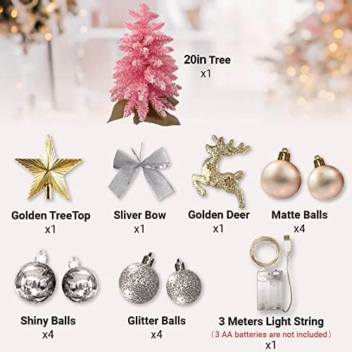 20 polegadas de mesa mini árvore de natal requintada com luzes LED Pequena decoração artificial de Natal para Office Home Restaurant-Pink