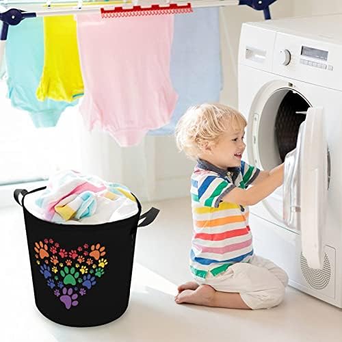 Arco -íris cão pata de coração cesta de lavanderia com alças redondas de lavanderia de lavanderia cesta de armazenamento