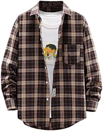 Camisas elegantes para homens de impressão xadrez de algodão para colarinho de lapela de gola única Blusa de manga longa de manga longa Premium tops premium