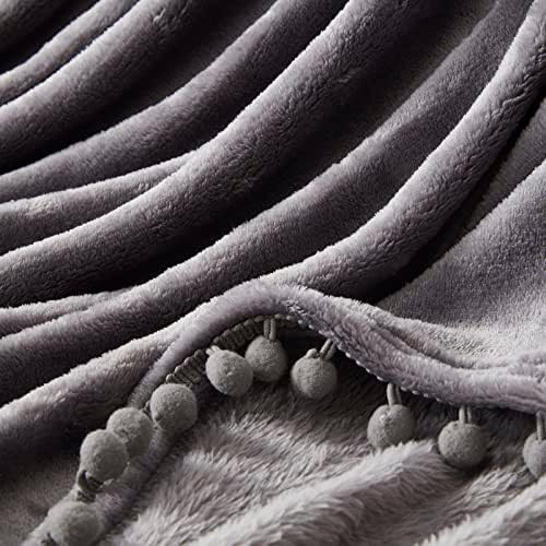 Cobertor de cama de lã Harborest com pompom size manto cinza escuro, arremesso leve e respirável durante toda a temporada para