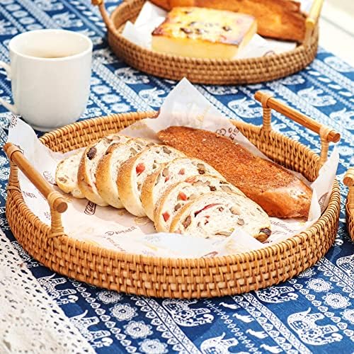 Bandejas de vime cestas, cestos de pão redondos pequenos de 11 polegadas com alça de madeira, bandeja de serviço artesanal, bandejas de vime boho para mesa de café