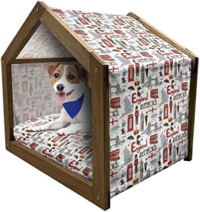 Ambesonne London Wooden Pet House, divertido esboço colorido mapa de guarda real Rain Country Marks Marks and Stonehenge,