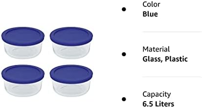 Pyrex Storage 4 xícara de prato redondo, limpo com tampa azul, pacote de 4 recipientes
