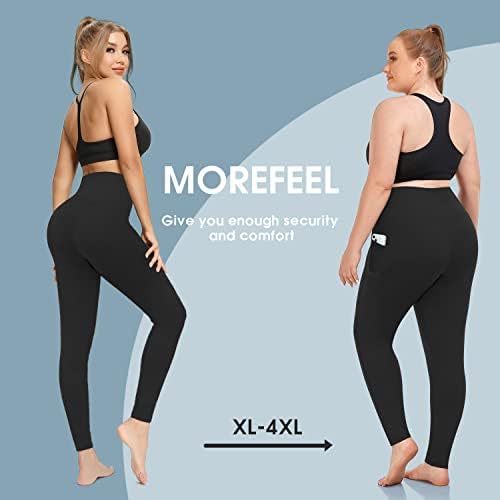 MoreFel Plus Size Leggings para mulheres com bolsos de rolo X-4xl Controle de barriga de alta cintura High Workout Black Yoga Pants