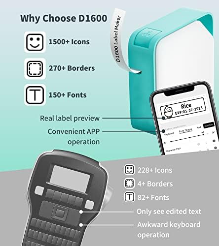 Vixic D1600 Bluetooth Label Maker Pacote 6 fitas de etiqueta padrão de cor, 1/2 polegada, fabricante de etiquetas D1600 compatível