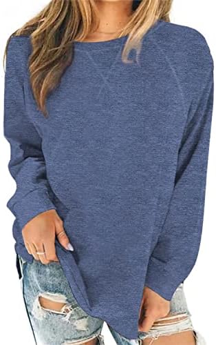 Lerucci Mulheres de manga longa Túdos de túnica para usar com leggings laterais leves Sweathirts Sweaters Supas de pulôver solto azul