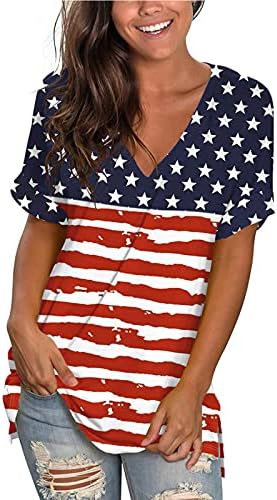 Camiseta de retalhos de renda para mulheres de verão Casual V Neck American Flag Top 4 de julho Patriótico Manga curta Blusa