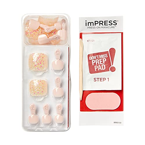 Kiss Impression Pedicure Pedicure Fake Pounds Kit, Style Outro Summer, Square Square, Glittery Pink Press-On Unhe