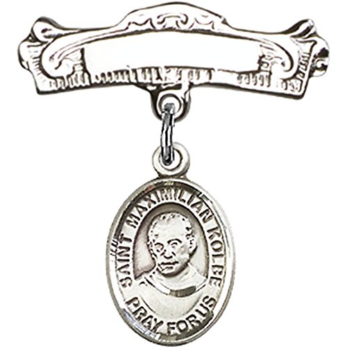 Distintivo para bebês de prata esterlina com charme Kolbe St. Maximilian e pino de crachá polido em arco 7/8 x 7/8 polegadas