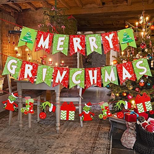 Verde Green Merry Grinchmas Banner e Grinch Garland, Decorações de Natal Grinch, suprimentos de decorações de Natal Grinchmas, a decoração de Natal Grinch para o manto de lareira de Natal
