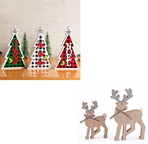 Pequena árvore de Natal Sinais 3 pacotes e conjunto de figuras de rena de madeira rústico de 2 para decoração de mesa de