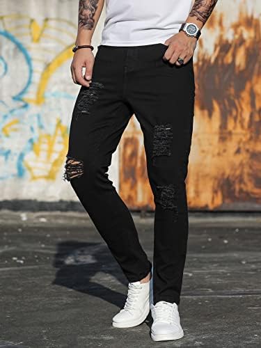 Gorglitter masculino rasgado de jeans magro de jeans com zíper lavado com zíper.