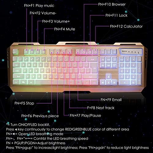 Combo do mouse do teclado de jogos brancos, teclado de membrana RGB Alteração do teclado iluminado, teclado para teclado para PC