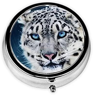 Blue Eyed Snow Leopard Round Pill Box -3 Organizador de remédios para comprimidos do compartimento, caixa de comprimidos portátil de viagem para bolso ou bolsa