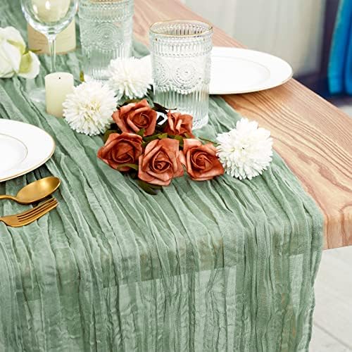 12 pacote de maconha de 10 pés de maca de brecha, verde de 35x120 polegadas de queijo de gaze de gaze de mesa de mesa de mesa, longa rústico de mesa de casamento rústico de boho para o casamento de noiva do casamento decorações de mesa de mesa