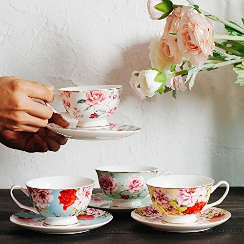 BTAT- xícaras de chá, xícaras de chá e pires Conjunto de 4, conjunto de chá, xícaras de chá florais, xícaras de chá e pires, conjunto de chá, xícaras de chá de porcelana, xícaras de chá para festa de chá, chá de rosa, presente do dia das mães