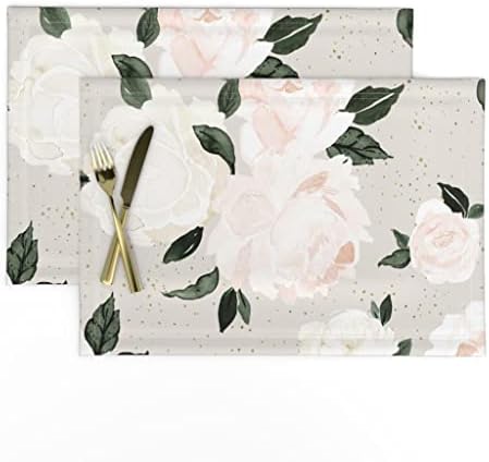 Linen Cotton Canvas Placemats - Vintage Blush Floral Rose Peony Grey Sábio Soft Romântico Desbotado Menina Berçária Rosa Peonies